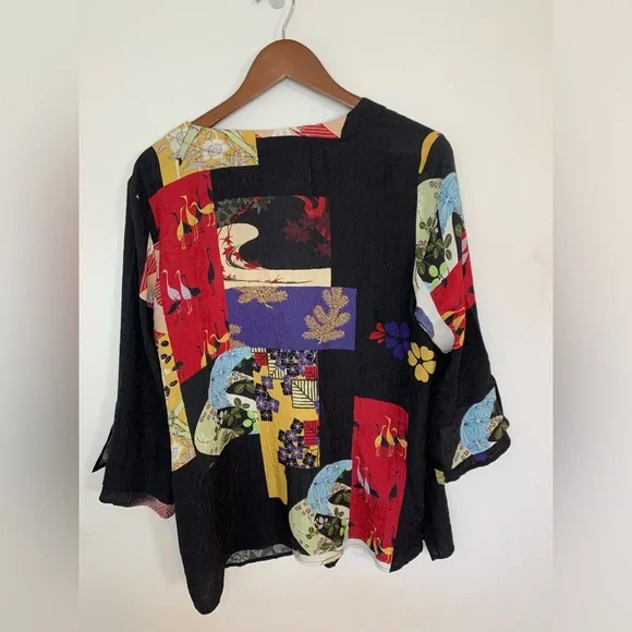 Citron 100% Silk Blouse Top Women’s Size Large Patchwork Asian Floral Arsty - Picture 2 of 8